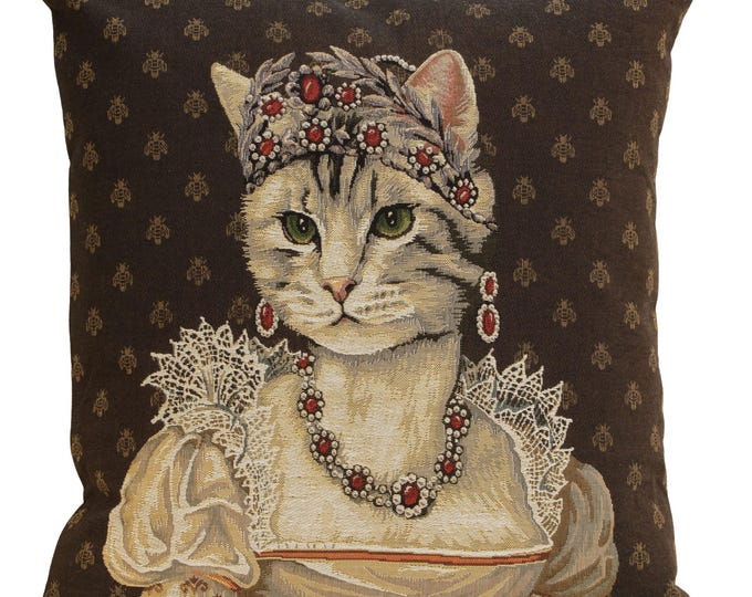 Royal Cat Tapestry Pillow Cover: Belgian Woven Crowned Cat, 18x18 inch