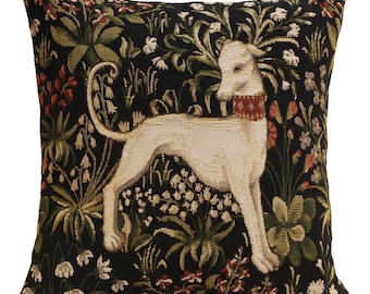 Medieval Hound Tapestry Cushion Cover - Belgian Woven Decorative Pillow for Home Decor