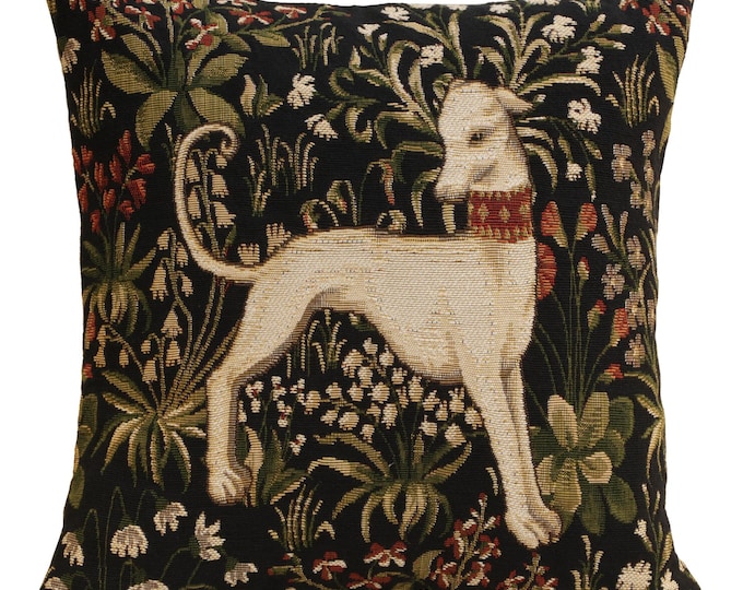 Medieval Hound Tapestry Cushion Cover - Belgian Woven Decorative Pillow for Home Decor