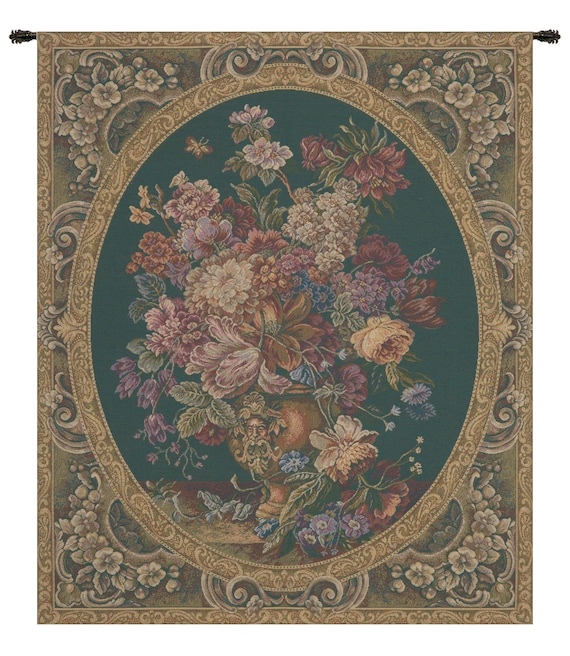 Floral Vase Tapestry: Green European Jacquard Wall Hanging