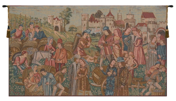 Marche au Vin European Tapestry - French Wine Making Scene - Medieval Millefleurs Wall Art Decor