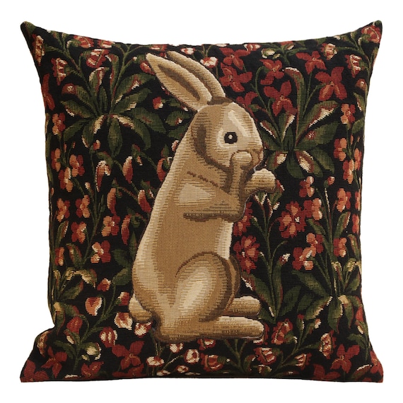 Vintage Belgian Tapestry Cushion Cover: Medieval Rabbit Amidst Floral Garden - Elegant Home Decor