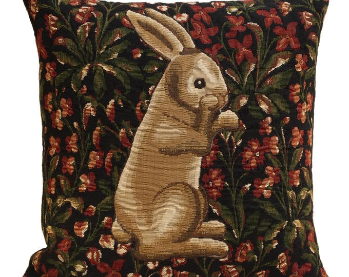 Vintage Belgian Tapestry Cushion Cover: Medieval Rabbit Amidst Floral Garden - Elegant Home Decor