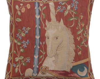 La Licorne Unicorn Art Tapestry Pillow Cover 19x19 - Medieval Red Woven Cushion Cover - European Decorative Throw Pillow