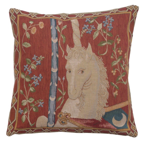 Unicorn Tapestry Pillow Cover: Medieval Art, Red Woven Cushion (19x19 inch)