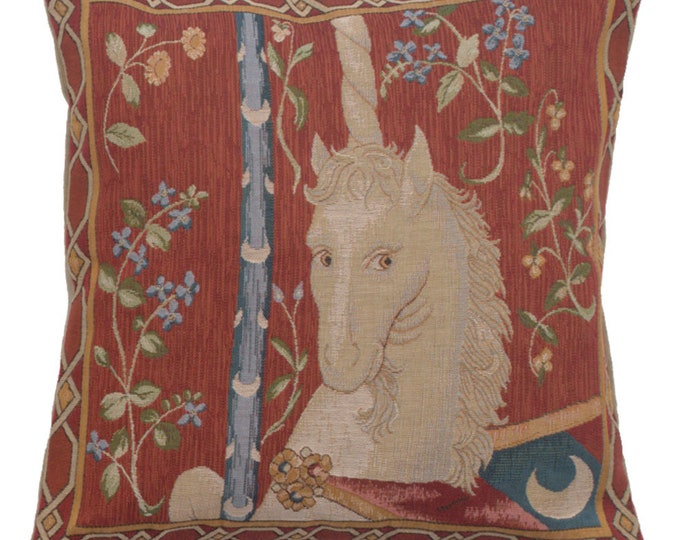 Unicorn Tapestry Pillow Cover: Medieval Art, Red Woven Cushion (19x19 inch)