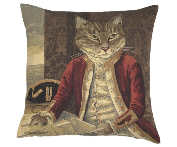 Belgian Tapestry Cat Pillow Cover: Susan Herbert Art, 18x18 inch