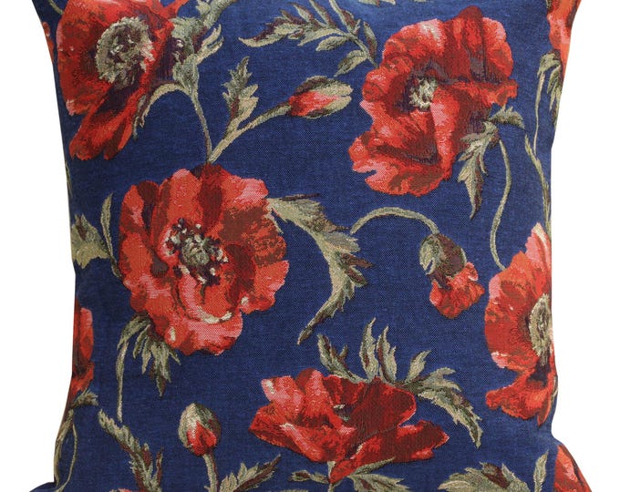 Belgian Woven Coquelicots Cushion Cover: Blue Floral Sofa Pillow (18x18 inch)
