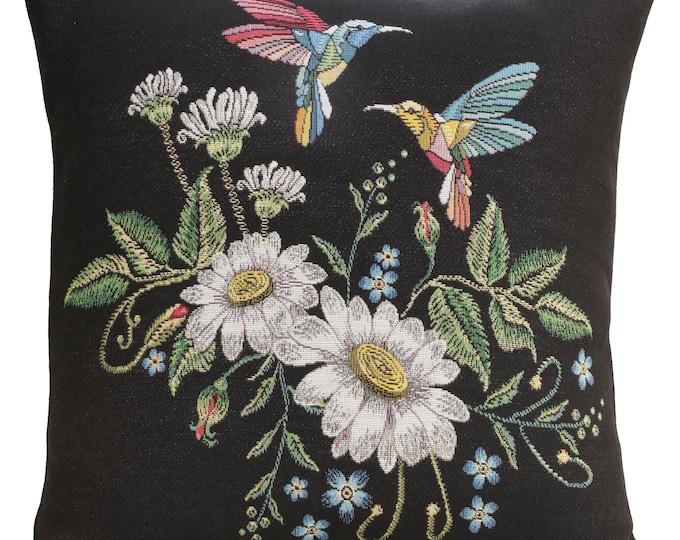 Jacquard Tapestry Pillow Cover: Hummingbird Floral Woven Cushion (18x18 inch)