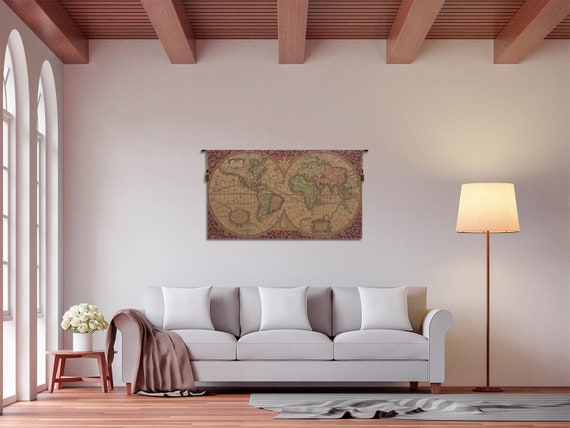 Medieval Italian World Map Tapestry: Antique-Style Woven Wall Hanging Art for Historical Decor
