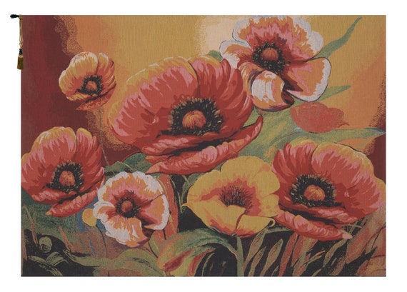 Poppies Floral Wall Tapestry: Belgian Woven Art, 33x46 inch