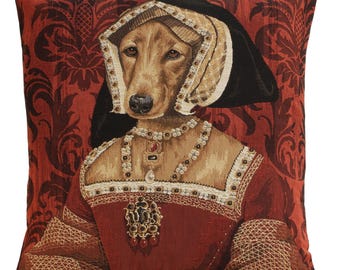 Belgian Wall Tapestry- Chien Claude de France 18x18 Inch Cushion Cover, Woven in Belgium- Jacquard Tapestry, Dog Cover Gift, Medieval Art