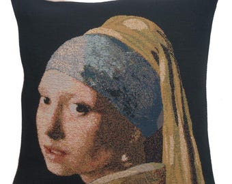 Girl With The Pearl Earring Belgian Tapestry Cushion Cover - Woven Jacquard Sofa Pillow Cover - 16x16 inch Black Throw Cushion Cover
