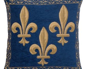 Fleur de Lys Blue Velvet Tapestry Cushion Cover – Gobelin Woven Decorative Pillow Cover – Elegant Throw Pillows Case for Couch