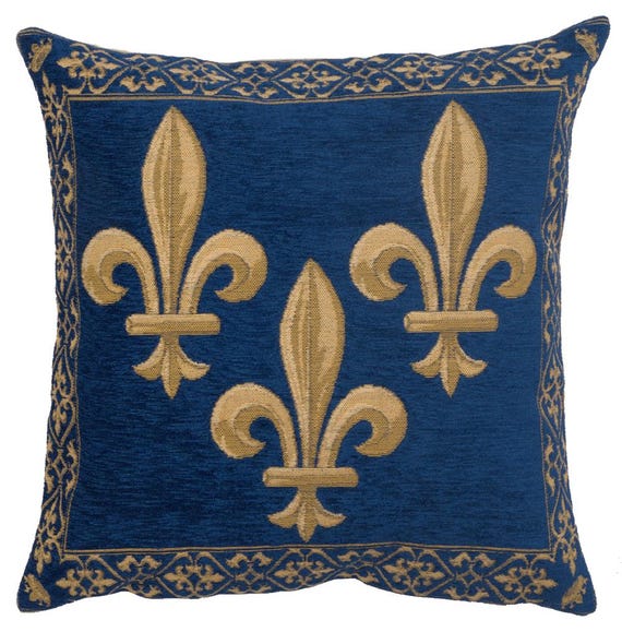 Fleur de Lys Blue Velvet Pillow Cover: Gobelin Woven Cotton Throw Pillow