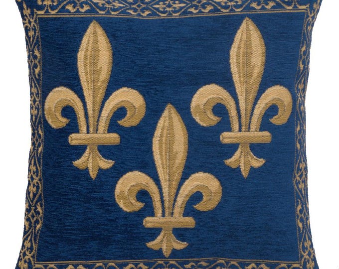 Fleur de Lys Blue Velvet Throw Pillow Cushion Cover: Gobelin Jacquard Woven Cotton