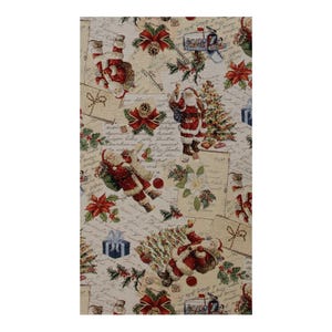 May include: A rectangular Christmas-themed fabric featuring a repeating pattern of Santa Claus figures, Christmas trees, poinsettias, gift boxes, and decorative bows. The background has a vintage letter and script design in beige and cream colors.