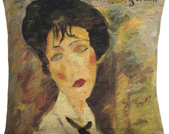 Belgian Wall Tapestry 18x18 Inch  Modigliani Woman with Black Tie Cushion Cover by Belgian Wall Tapestry Jacquard Woven Home Decor