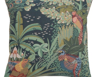 Jungle and Three Birds French Tapestry Cushion Cover - 19x19 inch Gobelin Decorative Sofa Pillow Cover - Throw Couch Cushion Cover