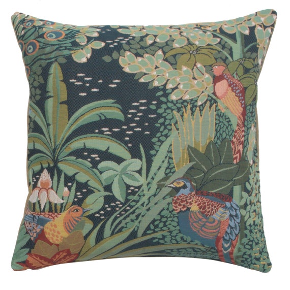 Jungle Birds Tapestry Cushion Cover: French Woven Cotton Pillow (19x19 inch)