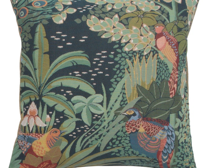 Jungle Birds Tapestry Cushion Cover: French Woven Cotton Pillow (19x19 inch)