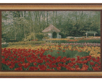 Keukenhof IV European Wall Tapestry Woven - Red & Yellow Flower Landscape Wall Hangings - Garden Floral Wall Decor Art