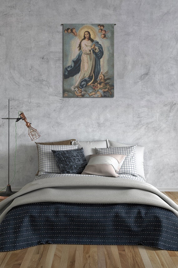 Lady of Assumption Tapestry: Woven Virgin Mary Religious Wall Art
