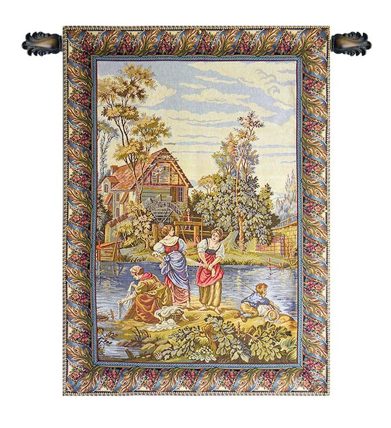 Washing by the Lake Tapestry: Vertical European Woven Wall Art