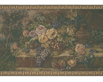 Bouquet with Grapes Green European Wall Tapestry - Floral and Fruits Lover Wall Art - Italian Wall Tapestry - Woven Jacquard Wall Hanging