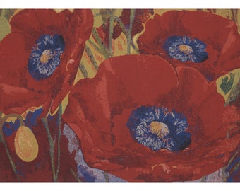 Three Poppies European Wall Tapestry - Red and Blue Flower Wall Hanging - Floral Fine Art Decorative Wall Art - Woven Gobelin Wall Décor Art