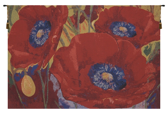 Red Poppy Flower Wall Tapestry: European Woven Floral Art