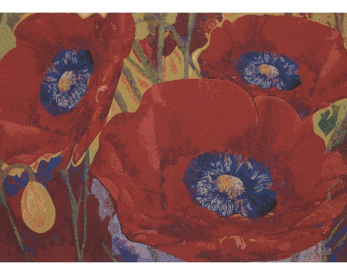 Red Poppy Flower Wall Tapestry: European Woven Floral Art