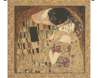 The Kiss Klimt European Wall Tapestry - Gustav Klimt Wall Decor Art - Woven Italian Wall Tapestry - Square Couple Medieval Wall Hanging