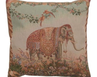 Elephant Tapestry Pillow Cover 19x19 - Woven French Decorative Throw Pillow Case - Animal Lover Sofa Cushion Cover -