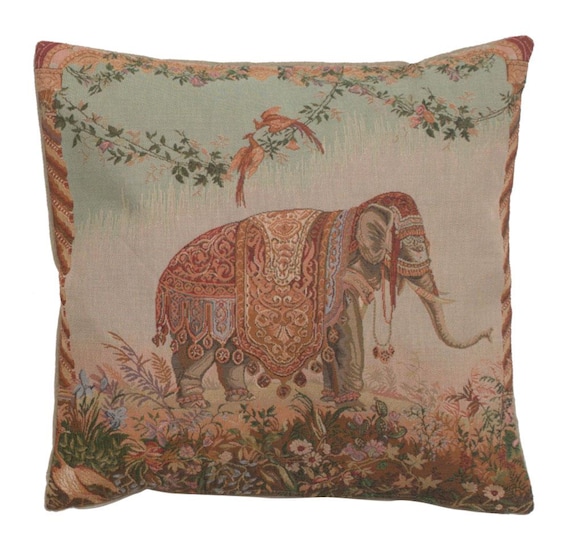French Woven Elephant Tapestry Pillow Cover: Exotic Decor (19x19 inch)
