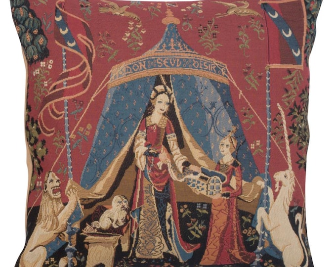 Lady and Unicorn Tapestry Cushion Cover: Medieval Belgian Throw Pillow (18x18)