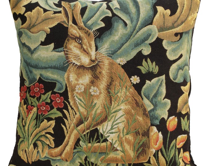 William Morris Hare Tapestry Pillow Cover, Belgian Woven, Black Forest Cushion, Medieval, Vintage Christmas Decor