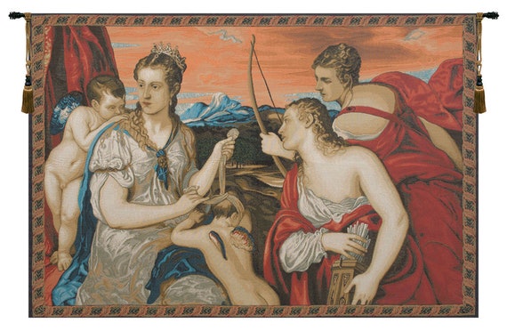 Venus Blindfolding Cupid Tapestry: Italian Jacquard Woven Wall Art