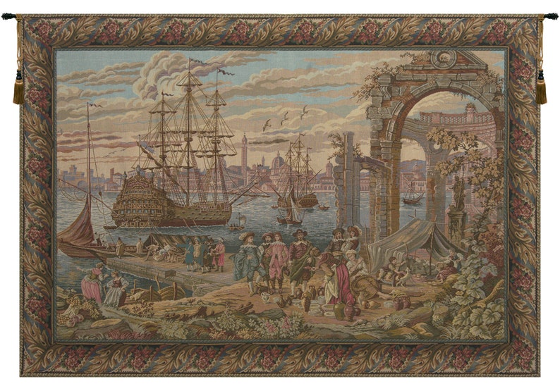 Mercanti I European Wall Tapestry - Seascape Wall Decor Art - Decorative Italian Wall Tapestry - Coastal Dwelling Jacquard Wall Hanging