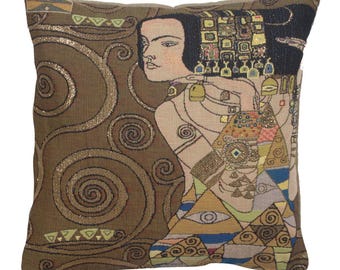 Klimt Nuit - L'Attente Tapestry Cushion Cover - Gobelin French Pillow Cover - 18x18 inch Throw Jacquard Pillow Cover - Woven Cushion Cover