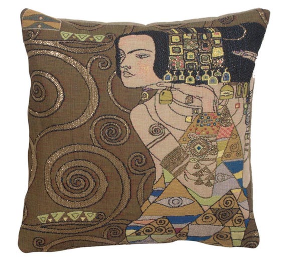 Gustav Klimt's L'attente Tapestry Cushion Cover 18x18 inch - French Gobelin Woven Jacquard Throw Pillow