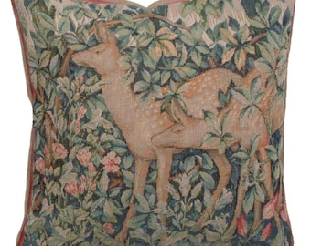 William Morris Tapestry Throw Pillow Cushion Cover: Forest Deer Design, 14x14 Inch