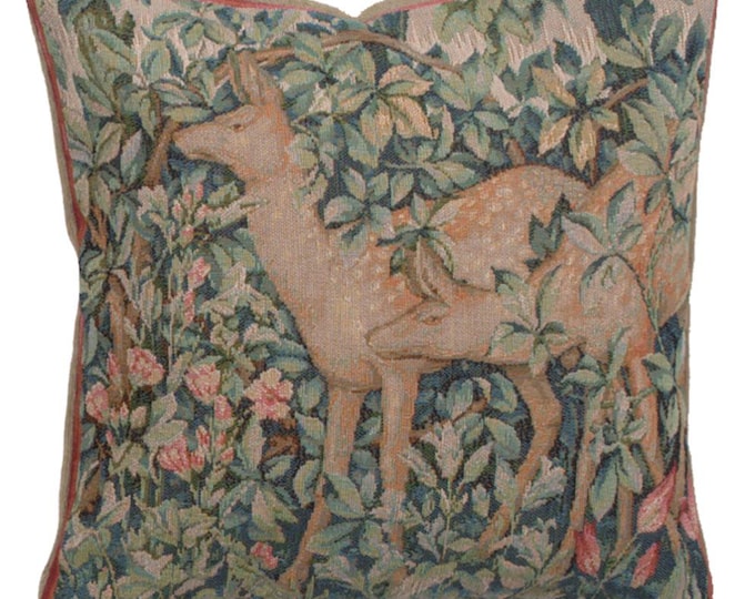 William Morris Tapestry Throw Pillow Cushion Cover: Forest Deer Design, 14x14 Inch