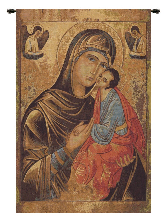 Greek Madonna Tapestry: Medieval Religious Woven Wall Hanging