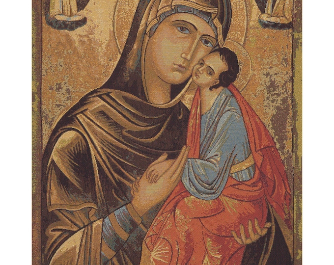 Greek Madonna Tapestry: Medieval Religious Woven Wall Hanging