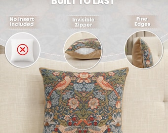 European Tapestry Cushion Cover: Birds on Floral Woven Sofa Pillow, William Morris Inspired Art, 14x14 inch