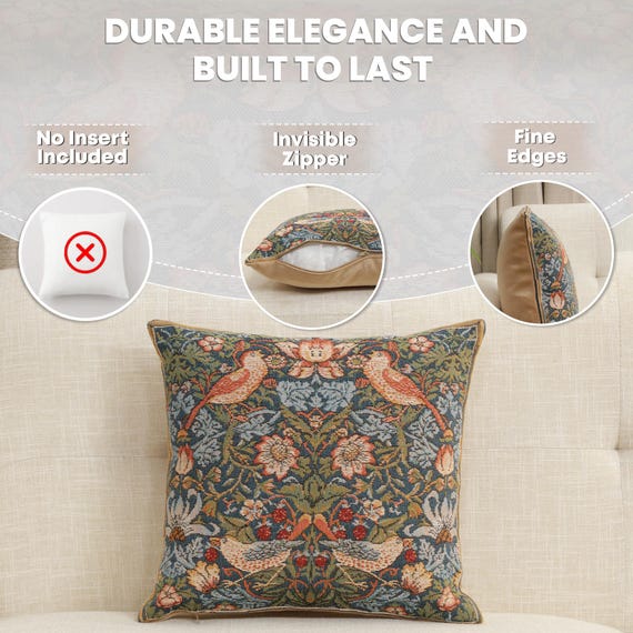 William Morris Tapestry Cushion Cover: Birds & Floral Art, 14x14 inch