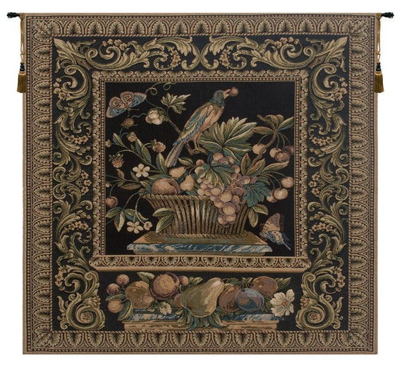 Belgian Woven Wall Tapestry: Floral Bird Art, 27x27 inch