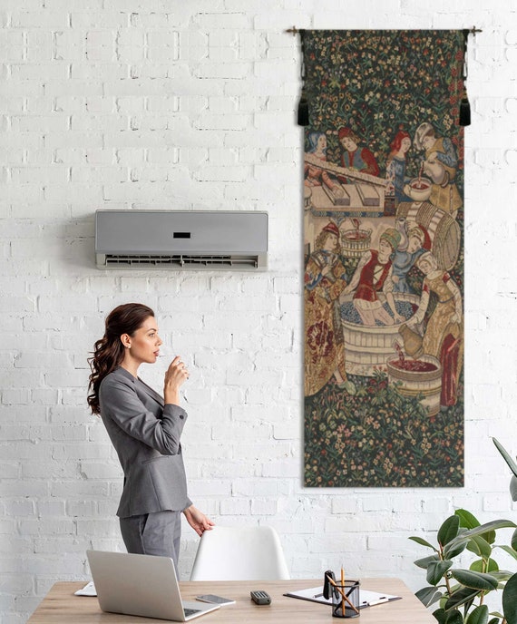 Belgian Millefleurs Tapestry: Medieval Grape Harvest Woven Wall Hanging