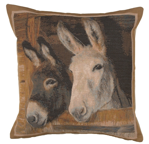 Donkeys French Tapestry Pillow Cover: Woven Animal Print Cushion (19x19 inch)